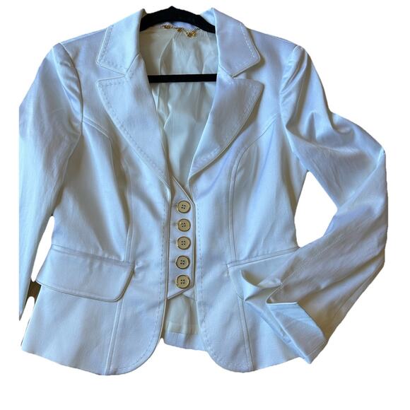Y2K Office Siren Bebe Suit Sz 8 White Gold Buttons Luxury Blazer & Pants Classic - Picture 2 of 16